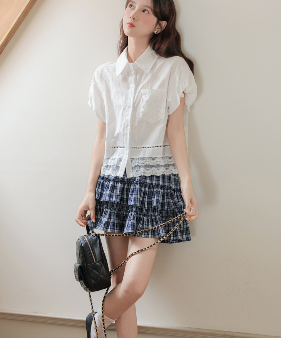 レース切り替えシャツカラーブラウス