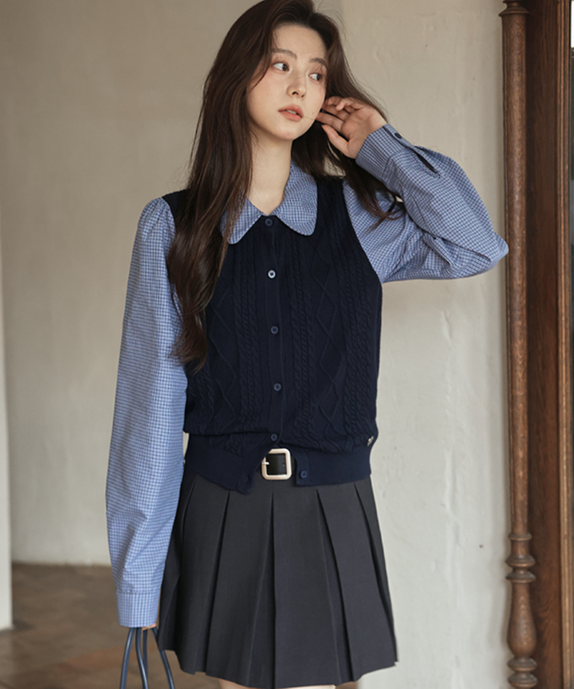 襟取り外し可能ベスト風ニットドッキングシャツ