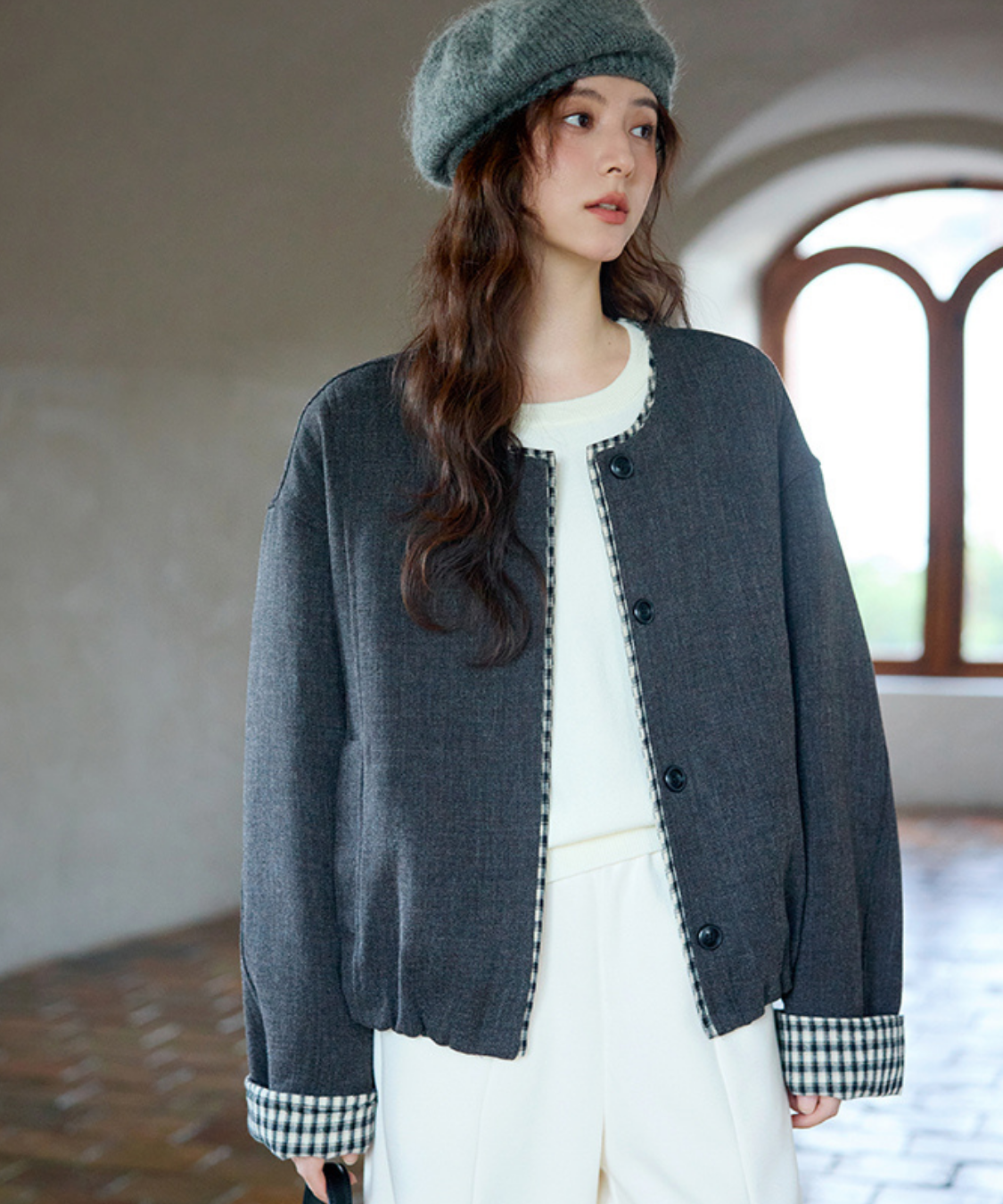 ギンガム切替ノーカラーショートジャケット