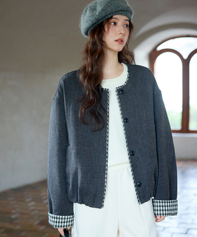 ギンガム切替ノーカラーショートジャケット