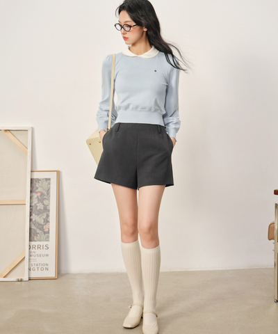 配色ラウンドカラーリブパフニット