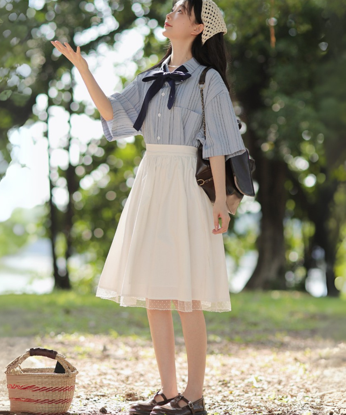 五分袖ストライプリボンブラウス