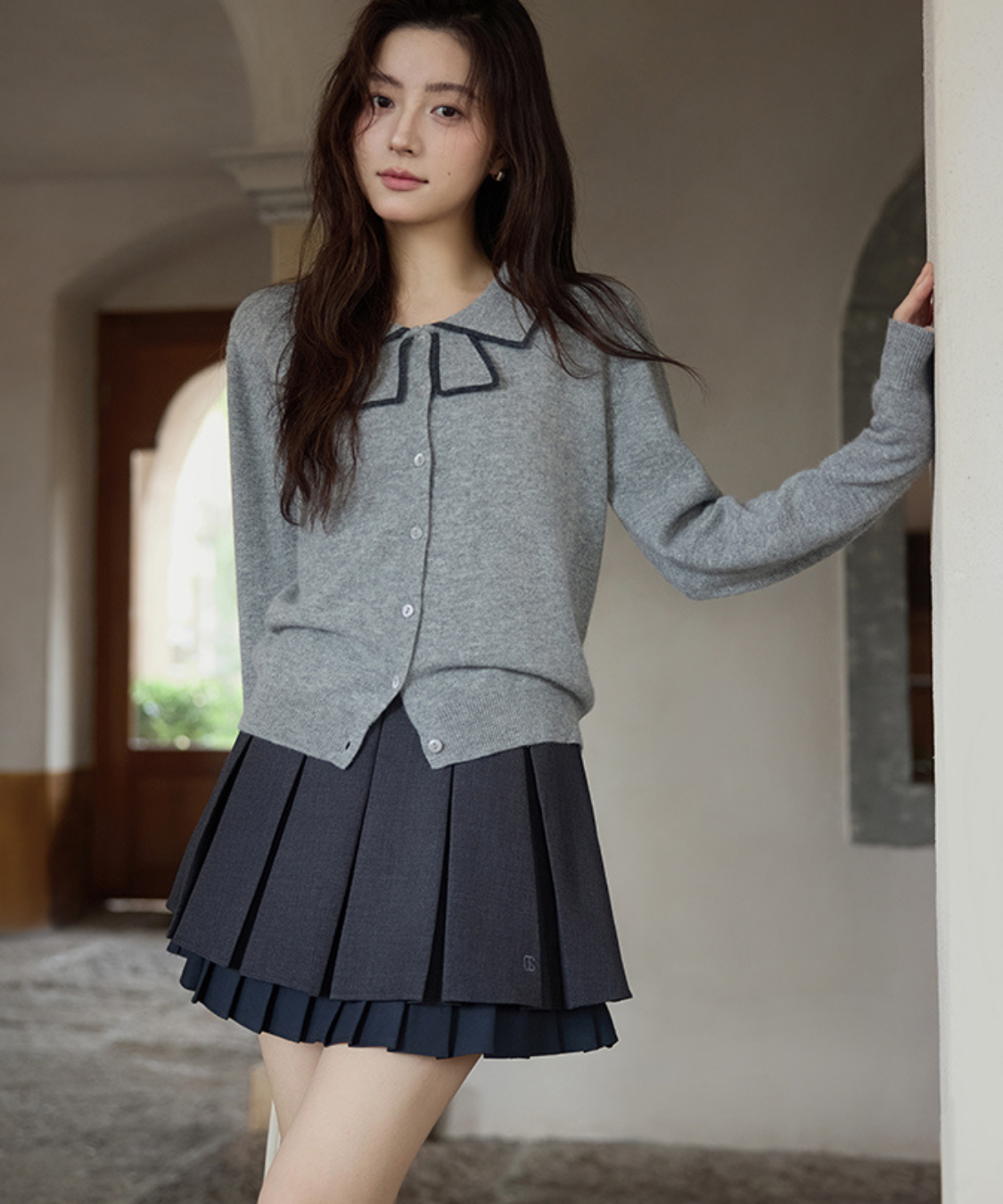 配色ラインリボン風襟カーディガン