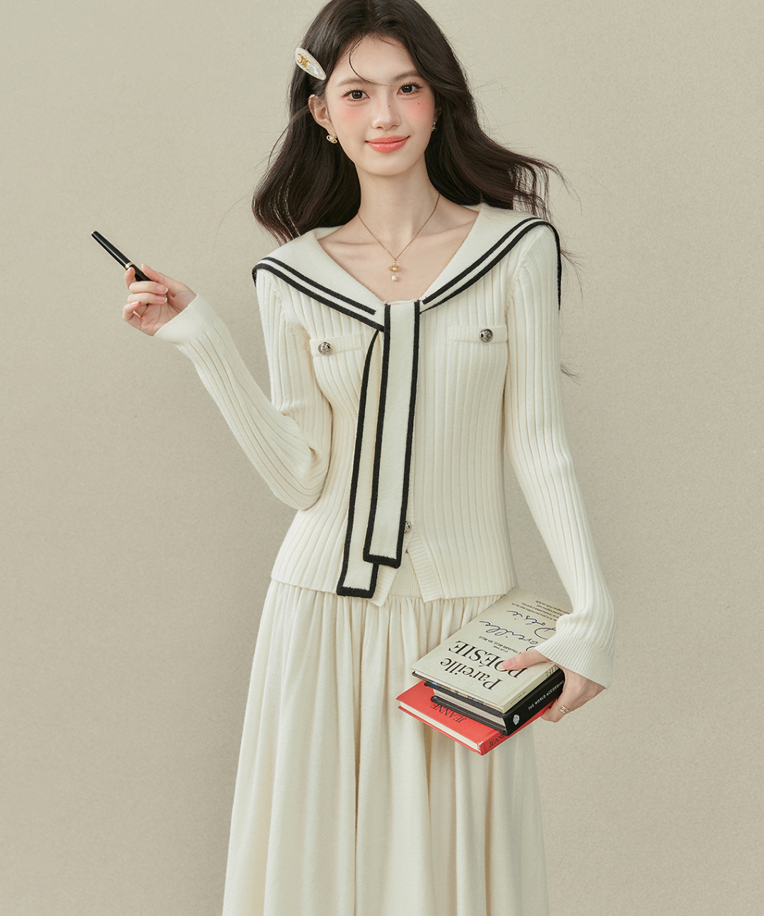 リボンタイ付きセーラーカラーニットトップス＋Wラインスカート 2点