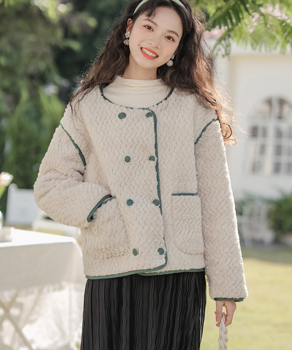 配色パイピングダブルボタンボアジャケット