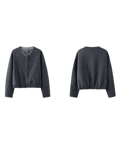 ギンガム切替ノーカラーショートジャケット