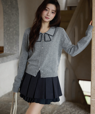 配色ラインリボン風襟カーディガン