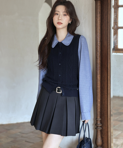 襟取り外し可能ベスト風ニットドッキングシャツ