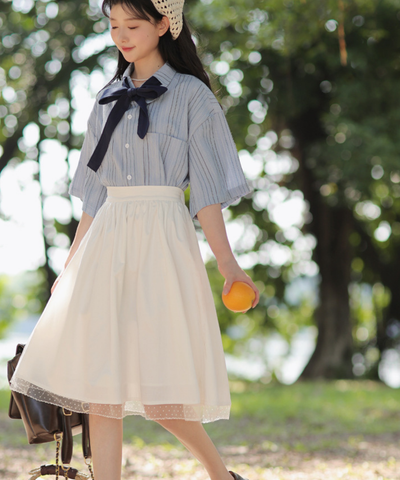 五分袖ストライプリボンブラウス