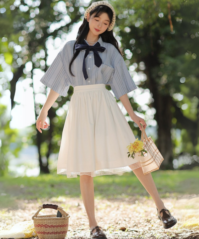 五分袖ストライプリボンブラウス