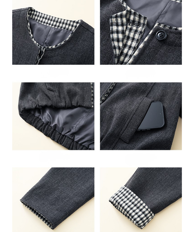 ギンガム切替ノーカラーショートジャケット