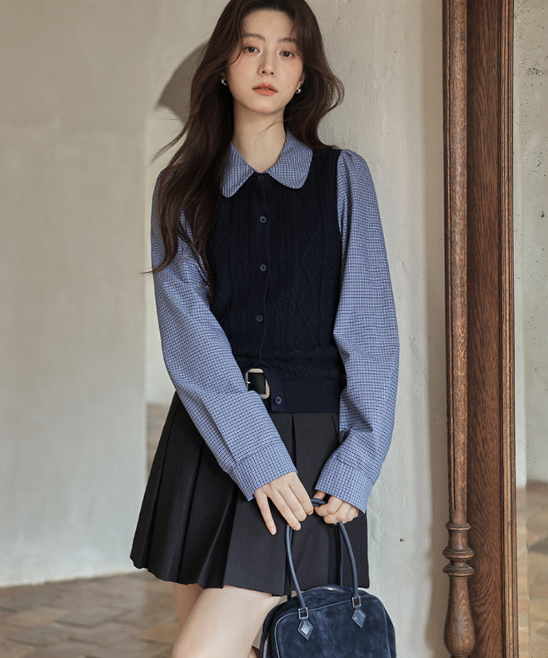 襟取り外し可能ベスト風ニットドッキングシャツ