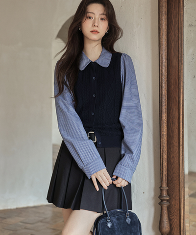 襟取り外し可能ベスト風ニットドッキングシャツ