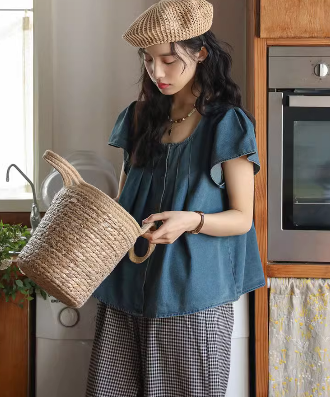 ピンタックフレアスリーブデニムブラウス