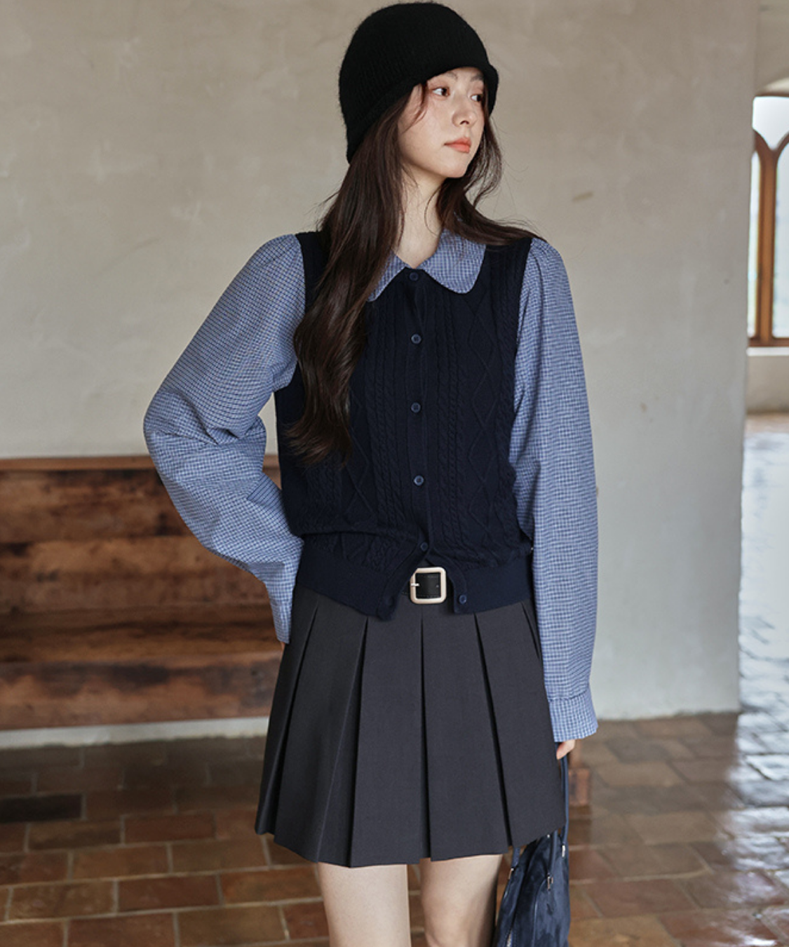 襟取り外し可能ベスト風ニットドッキングシャツ