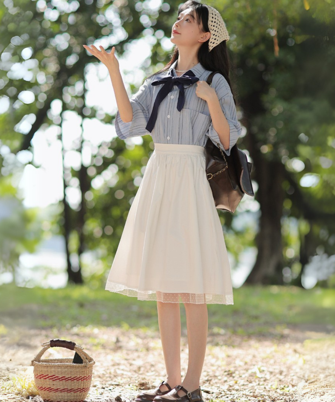 五分袖ストライプリボンブラウス