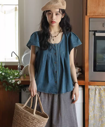 ピンタックフレアスリーブデニムブラウス
