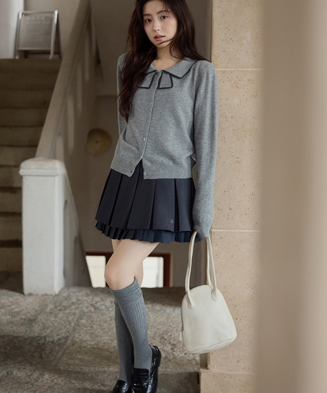 配色ラインリボン風襟カーディガン