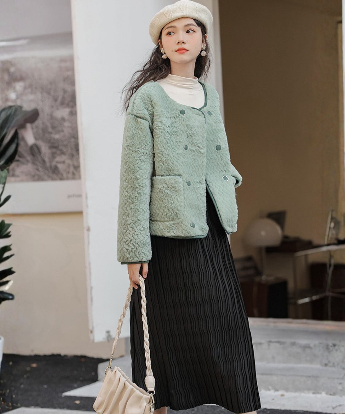 配色パイピングダブルボタンボアジャケット