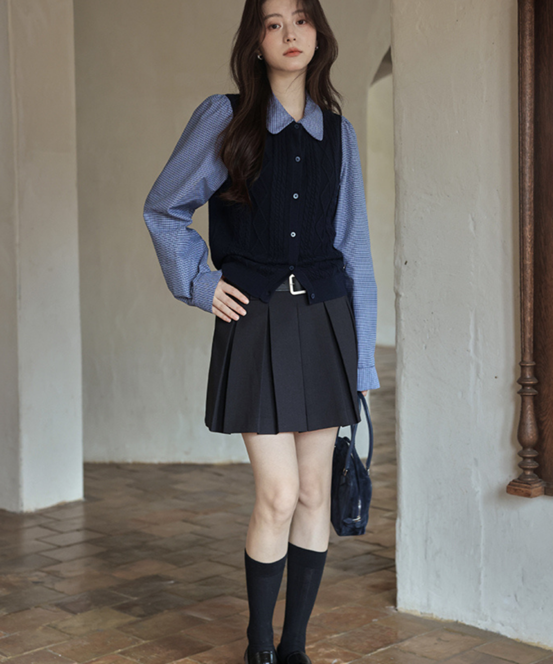 襟取り外し可能ベスト風ニットドッキングシャツ