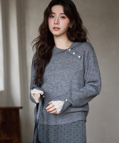 レーススカーフ付き小花ボタンニット