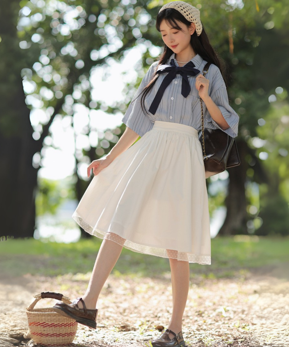 五分袖ストライプリボンブラウス