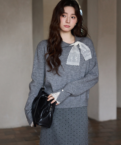 レーススカーフ付き小花ボタンニット