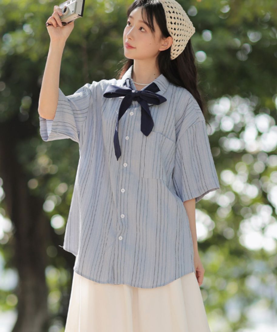 五分袖ストライプリボンブラウス