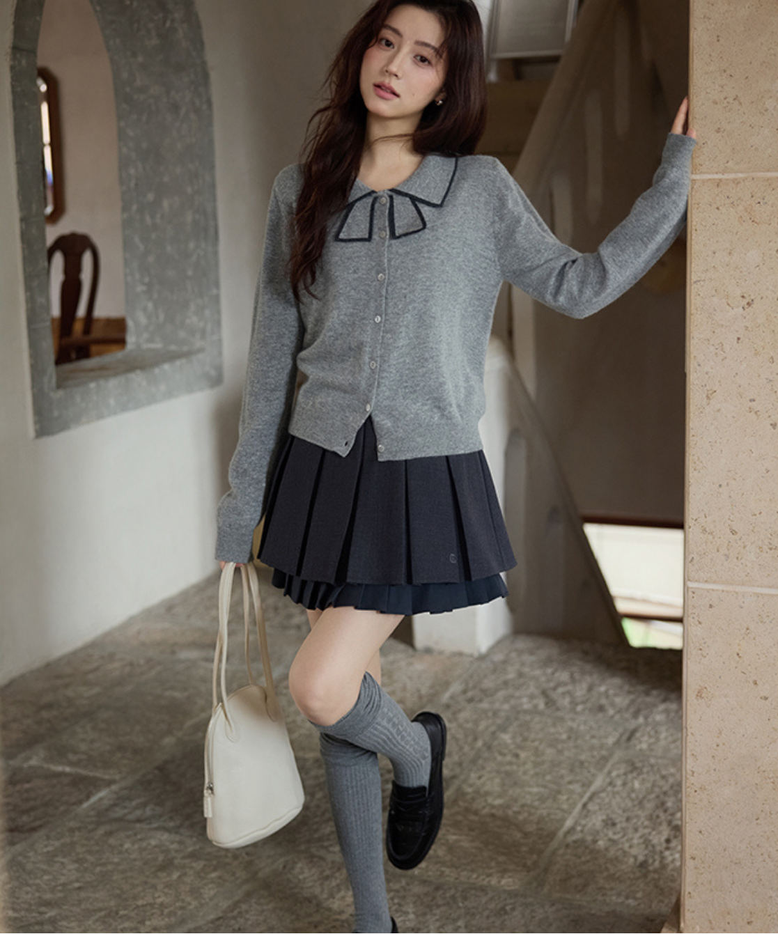 配色ラインリボン風襟カーディガン