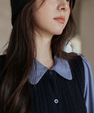 襟取り外し可能ベスト風ニットドッキングシャツ