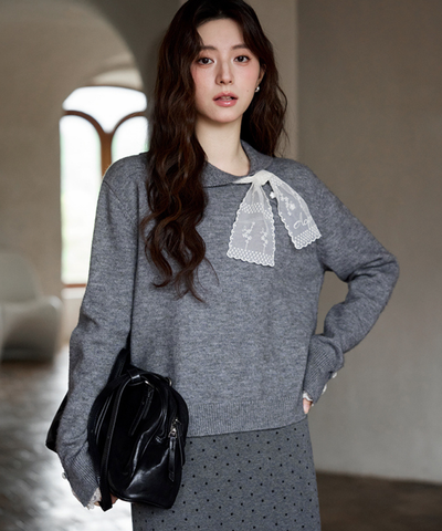 レーススカーフ付き小花ボタンニット