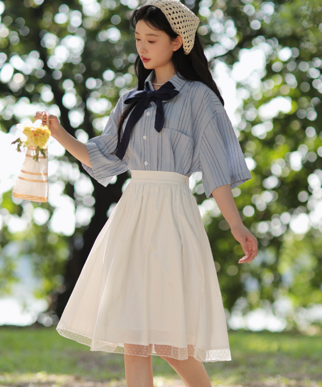 五分袖ストライプリボンブラウス