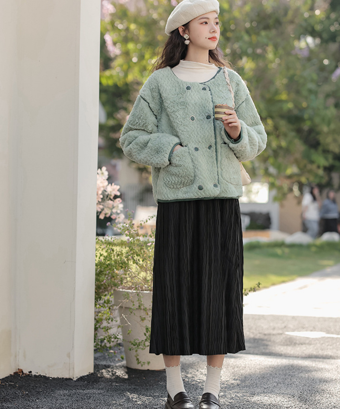 配色パイピングダブルボタンボアジャケット