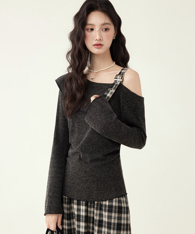 アシンメトリーボートネックトップス＋チェックフレアスカート 2点セット