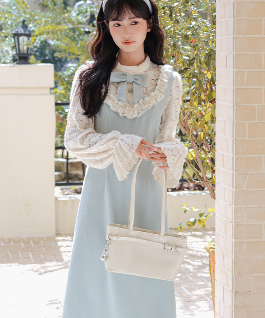 フリルリボンレーススリーブワンピース