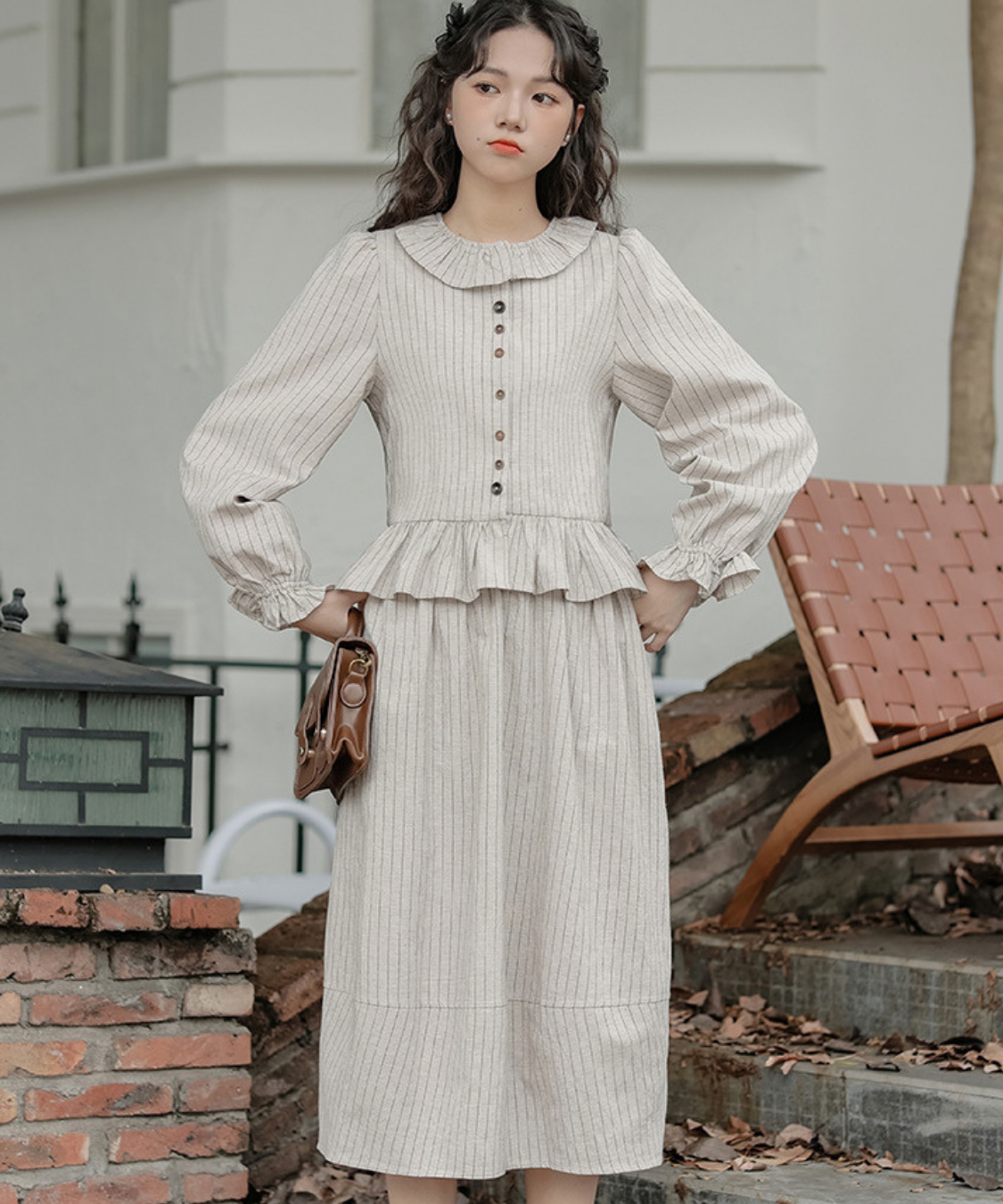 フリル襟ペプラムブラウス＋ストライプフレアスカート 2点セット