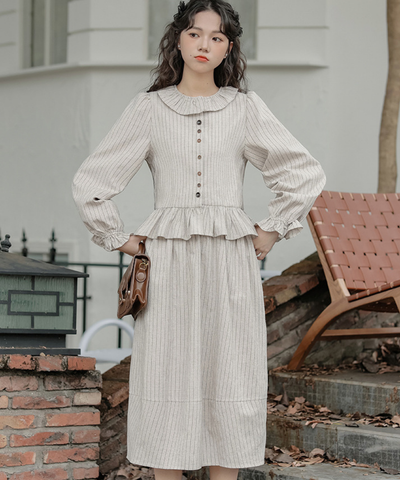 フリル襟ペプラムブラウス＋ストライプフレアスカート 2点セット