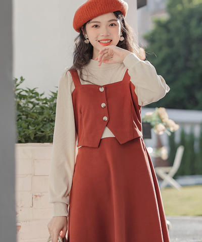 肩紐付きビスチェ風フェイクレイヤードワンピース