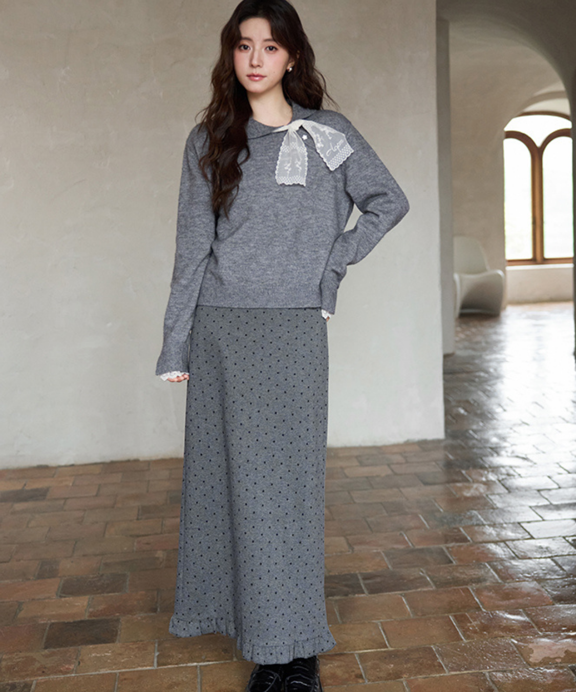 レーススカーフ付き小花ボタンニット