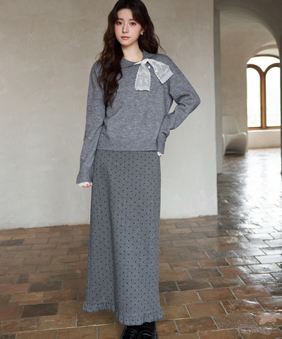 レーススカーフ付き小花ボタンニット