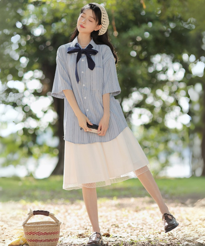 五分袖ストライプリボンブラウス