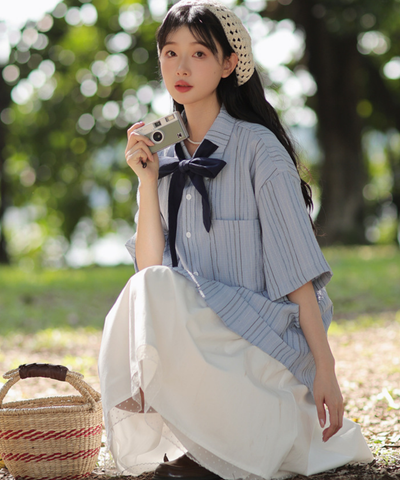 五分袖ストライプリボンブラウス