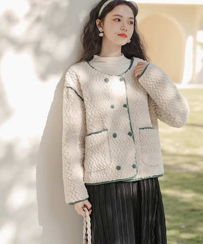 配色パイピングダブルボタンボアジャケット