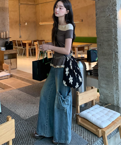 ドローストリング付きカーゴポケットワイドデニムパンツ