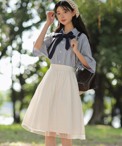 五分袖ストライプリボンブラウス