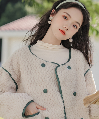 配色パイピングダブルボタンボアジャケット