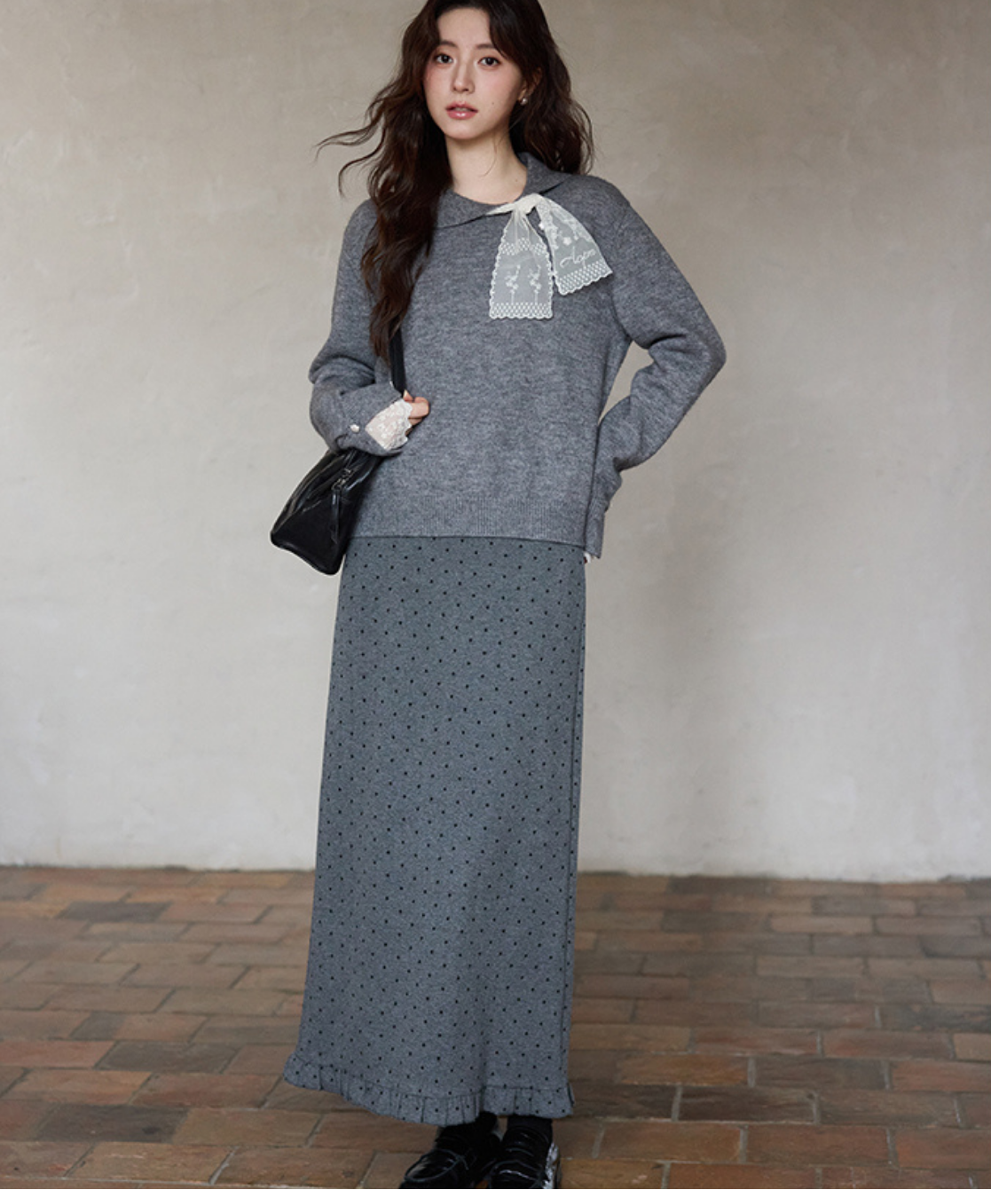 レーススカーフ付き小花ボタンニット