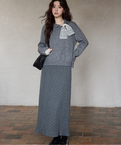 レーススカーフ付き小花ボタンニット