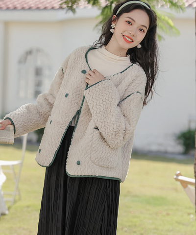 配色パイピングダブルボタンボアジャケット