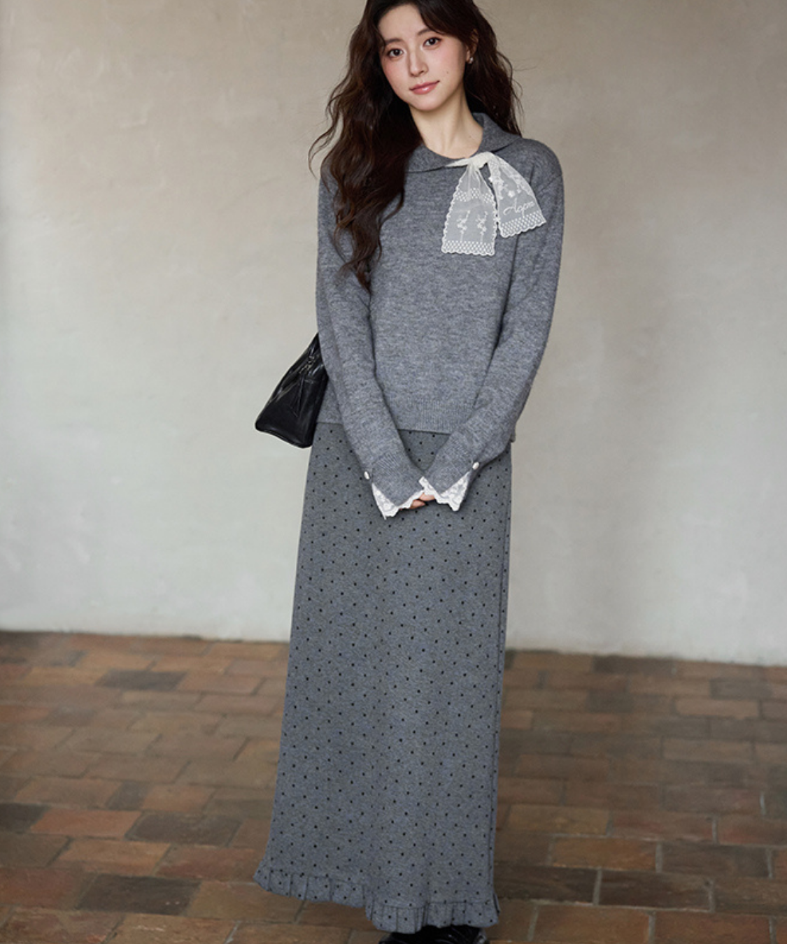 レーススカーフ付き小花ボタンニット